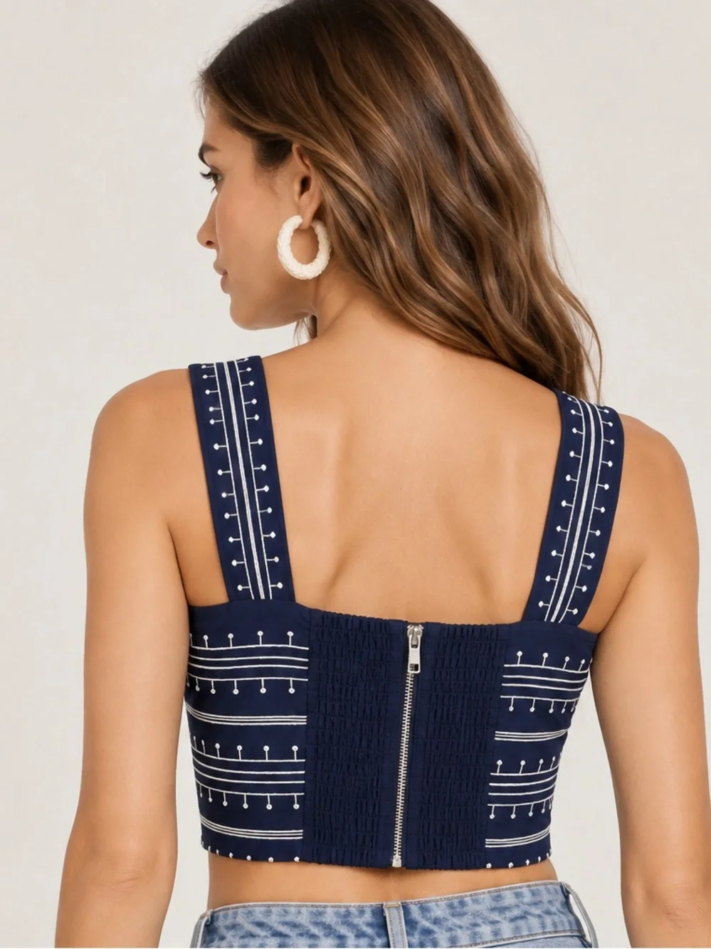 Avec Les Filles Embroidered Crop Top Navy White Size 4